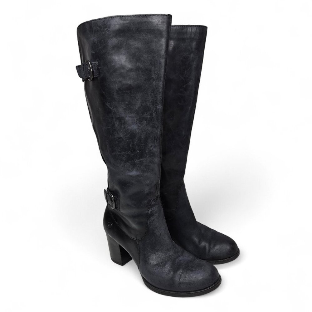 Born Vita Distressed Black Leather Riding Boots Women's Block Heel Buckle Side 6